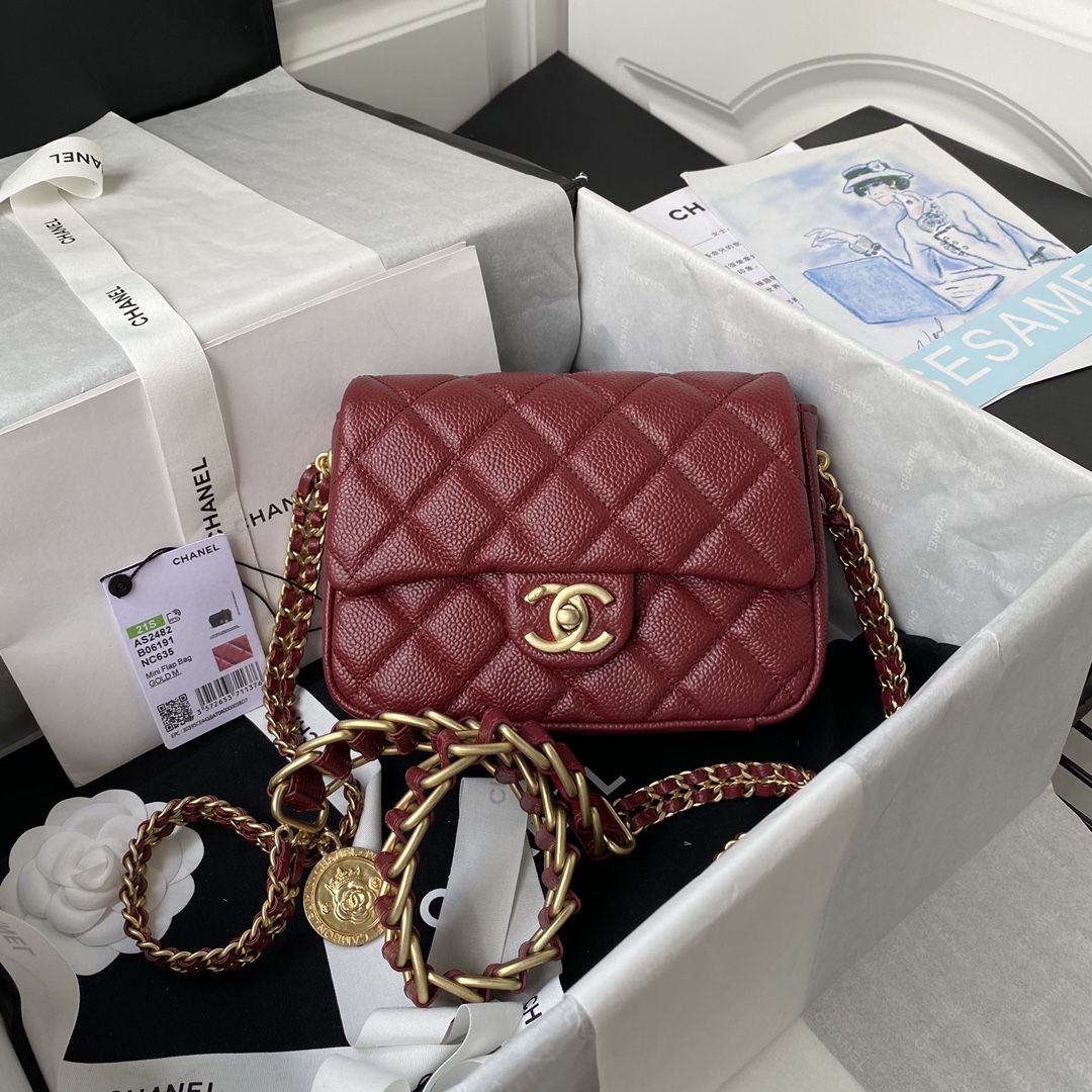 Chanel Red Caviar Mini Classic Square Leather Flap Bag